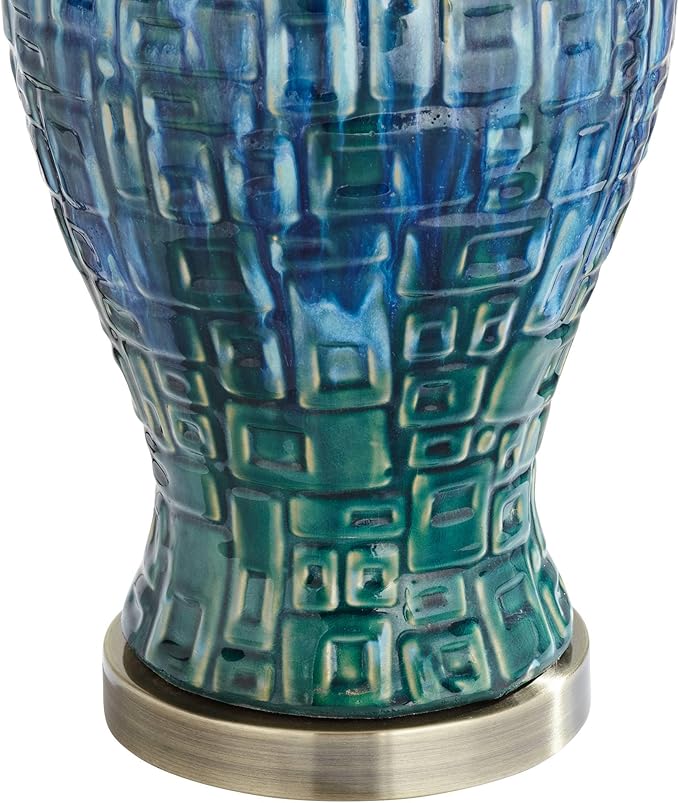 Possini Euro Design Antique Asian Style Temple Jar 3-Way Table Lamps with Table Top Dimmer Handmade 27" Tall Teal Color Ceramic White Fabric Empire Shades for Living Room Bedroom House (Colors May