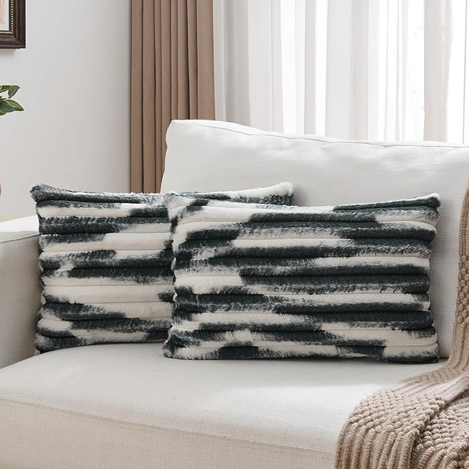 FUTEI Black Decorative Throw Pillow Covers 12x20 Inch Set of 2, Soft Tie-Dye Faux Rabbit Fur Striped Texture Pillow Case, Modern Home Decor for Couch Bed Living Room