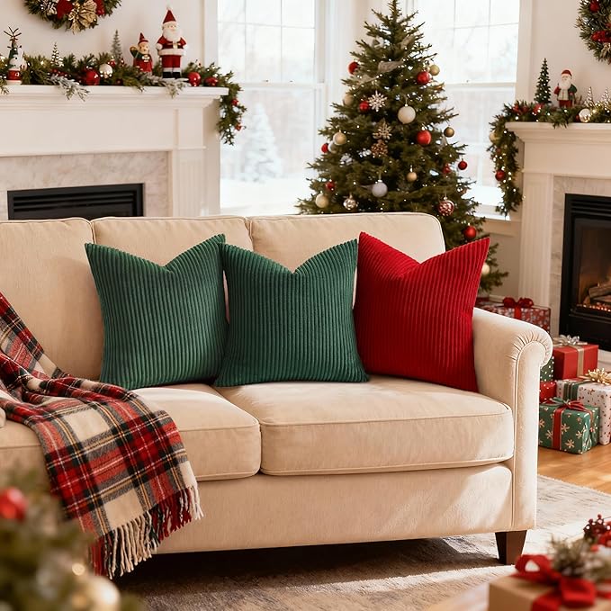 Mecatny Christmas Decorative Corduroy Throw Pillow Covers 12x20 Set of 2 for Sofa Living Room, Soft Neutral Boho Couch Pillow Covers for Home Decor, Christmas Green