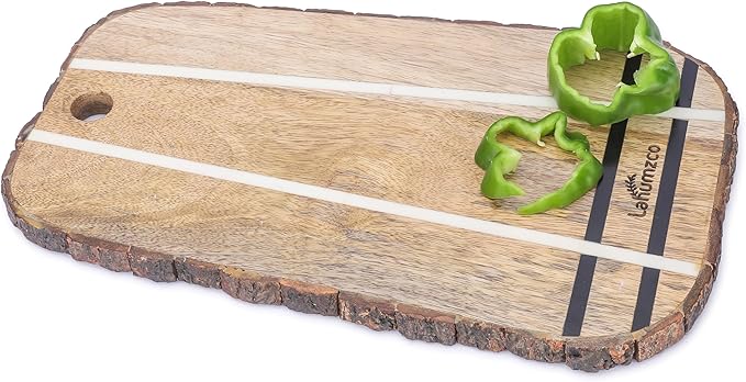 Mango Wood Oval Cutting Board Chopping Board, Cheese Board, and Charcuterie - Decorative Wooden Serving Board for Kitchen and Dining Room (Oval Striped, 14x8 Inches)