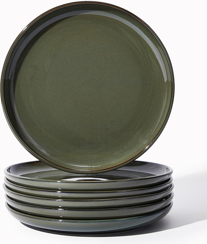 Ceramic Plate Set 10 Inch, Terracotta Dinner Plates of 6, Microwave Safe Plate, Large Serving Plates for for Salad Pasta Steak, Blackish Green