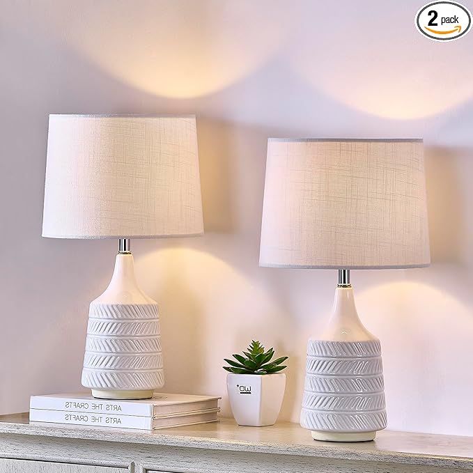 White Ceramic Table Lamps Set of 2, Decor Farmhouse Lamps for Living Room End Tables, 18.5" Bedside Lamps for Night Stands, Modern Boho Lamp for Bedroom Office, 3-Color Temperature LED Bulbs Included
