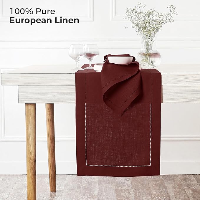 D'Moksha Homes Linen Dark Red Table Runner 84 Inches Long - 100% Pure Linen Table Runner 14 x 84 Inch for Fall, Autumn and Halloween - Classic Hemstitch