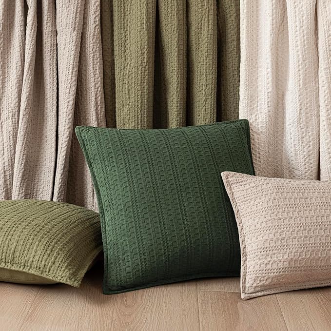 Foindtower Set of 2 Decorative Cotton Waffle Weave Throw Pillow Covers Euro Shams Cushion Covers Accent European Pillowcase for Bed Couch Sofa Bedroom Living Room Home Decor 22×22 Inch Dark Green