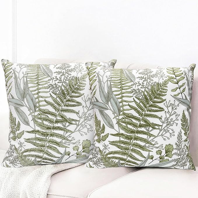 Decorative Throw Pillow Covers Set of 2 Olive Green Leaves Pillow Covers 18x18 inch Soft Short Plush Square Floral Throw Pillows,Farmhouse Outdoor Pillow Covers for Couch Bed Living Room