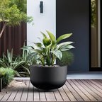Kante 17.7 Inch Dia Concrete Bowl Planter, Large Tapered Bottom Plant Pot with Drainage, Smooth Black Finish with Warm Brown Interior, Ideal for Porch, Home, Garden, Patio