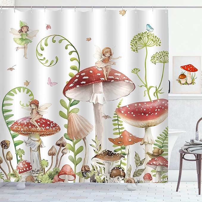 Mushroom Shower Curtain Green Plant Leaves Butterfly Fairy Girls Shower Curtains for Bathroom Waterproof Polyester Fabric Bathroom Curtain 72 x 72 Inch with 12 Plastic Hooks
