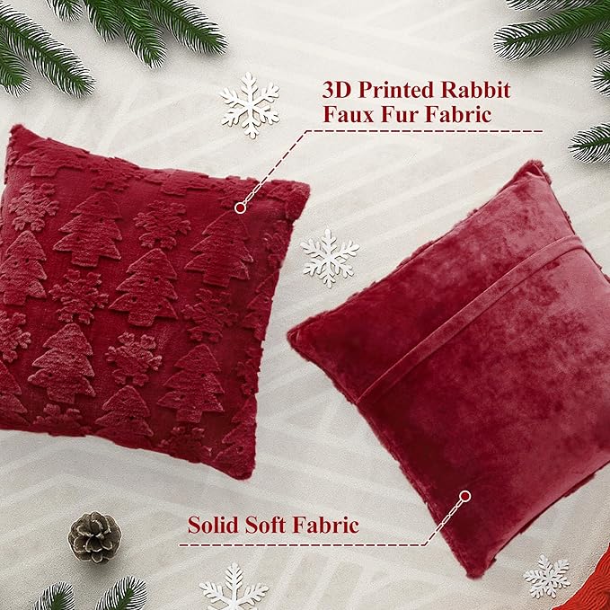 Christmas Pillow Covers 18x18, Soft Faux Rabbit Fur Throw Pillow Covers with 3D Embroidery Christmas Tree and Snowflake Design for Winter Holiday Home Decor, Couch Sofa Bedroom, Red
