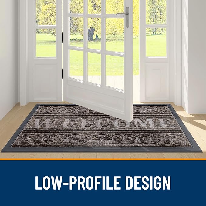 OLANLY Welcome Door Mat Indoor Outdoor Entrance, Heavy Duty Sturdy Front Door Mat, Waterproof All-Weather Doormat, Stain Resistant, Low Profile, Easy Clean Patio Entryway Mat, 36 x 24, Brown