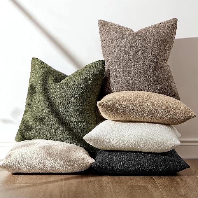 ANRODUO Pack of 2 Textured Boucle Throw Pillow Covers Soft Moss Green Decorative Accent Solid Pillow Cases Cozy Modern Couch Cushion Case for Chair Sofa Bedroom Living Room Home Decor, 18 x 18 Inch