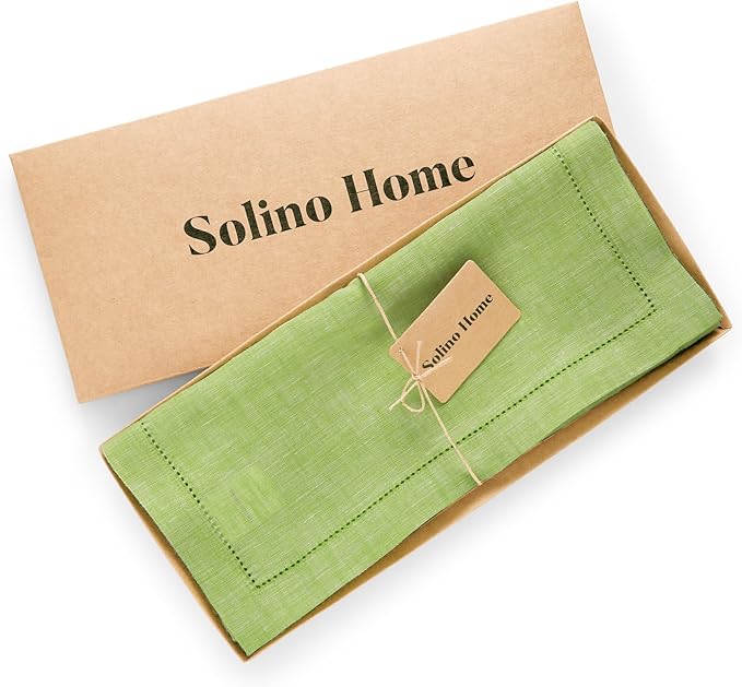 Solino Home Linen Table Runner 72 Inches Long - 100% Pure Linen Chambray Lime Green Table Runner 14 x 72 Inch - Milan Hemstitch