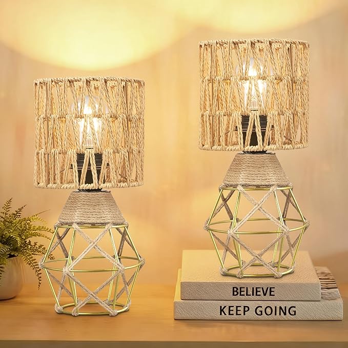 Hamilyeah Boho Table Lamps Set of 2, Small Desk Lamp with Woven Shade, Modern Farmhouse Bedside Lamp for Bedroom, Industrial Table Lamp for Living Room, Decorative Desk Lamp for Office or Nightstand