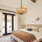 12.5” Rattan Pendant Light Fixtures, 4-Light Boho Chandelier with Woven Drum Shade, Farmhouse Dining Room Ceiling Hanging Lamp, Small Wicker Coastal Pendant Lighting for Kitchen Island Hallway