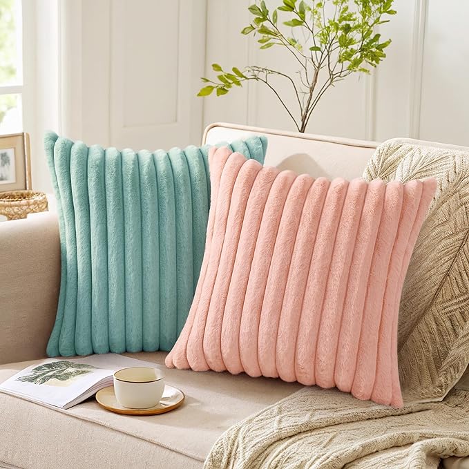 Pallene Faux Fur Plush Throw Pillow Covers 20x20 Set of 2, Luxury Soft Fluffy Striped Decorative Pillow Covers for Sofa, Couch, Living Room, Pink