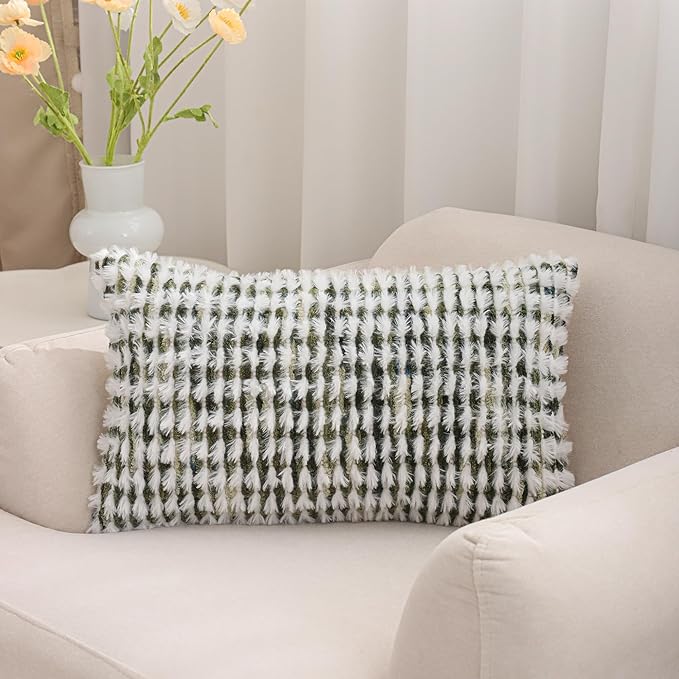 LUOYEHK Boho Throw Pillow Covers 12x20 Inch Set of 2 Farmhouse Neutral Lumbar Pillow Covers Chenille Tufted Pillowcase for Couch Sofa Bed Living Room, Green White