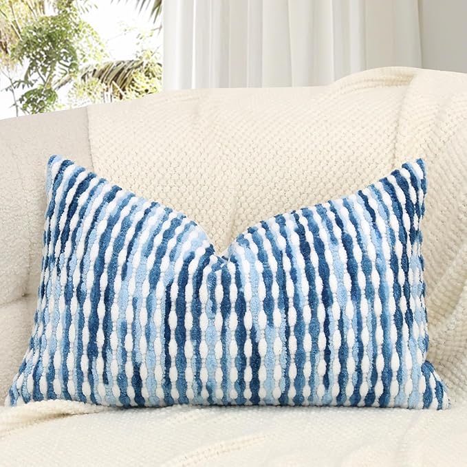 Boho Decorative Throw Pillow Covers 12x20 Inch, Chenille Tufted Pillow Cover Striped Textured Lumbar Farmhouse Accent Pillowcase for Couch Sofa Bedroom Living Room, Blue White Stripe, 1 Pack