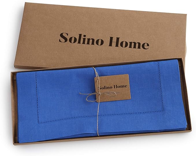 Solino Home Linen Royal Blue Table Runner 60 Inches - Classic Hemstitch, 100% Pure Linen Coffee Table Runner 14 x 60 Inch Ideal for Dresser Tables