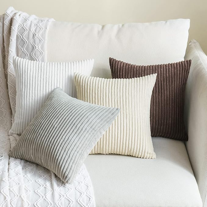 MIULEE Winter Pack of 2 Corduroy Pillow Covers Soft Soild Striped Throw Pillow Covers Set Decorative Square Cushion Cases Pillowcases for Couch Sofa Bedroom Living Room 16 x 16 Inch Pure White