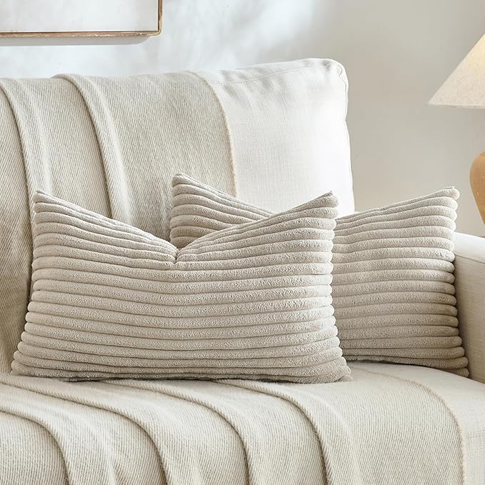 Fancy Homi Set of 2 Taupe Boho Small Lumbar Decorative Throw Pillow Cover 12x20 Inch for Couch Bed Chair, Aesthetic Modern Bohemian Room Decor, Soft Fluffy Corduroy Rectangle Cushion Case 30x50cm