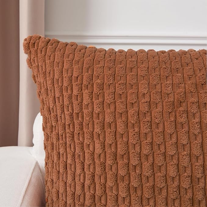 Kevin Textile Decorative Pillow Covers Set of 2 Striped Plush Corduroy Pillows Pillowcases Boho Home Decor Cushion Covers for Couch Sofa Bed Living Room 16x16 Inch, Burnt Orange