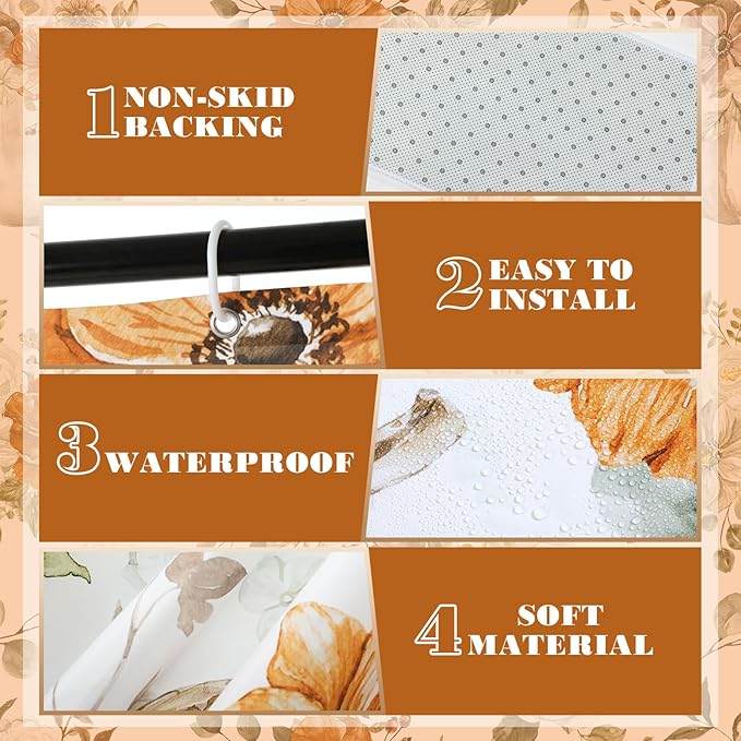 Newwiee 7 Pcs Fall Pumpkin Shower Curtain Sets Vintage Pumpkin Bathroom Set Thanksgiving Bathroom Curtain Shower Set Include Towels Non Slip Rugs Toilet Lid Cover Bath Mat(Autumn Pumpkins Flowers)