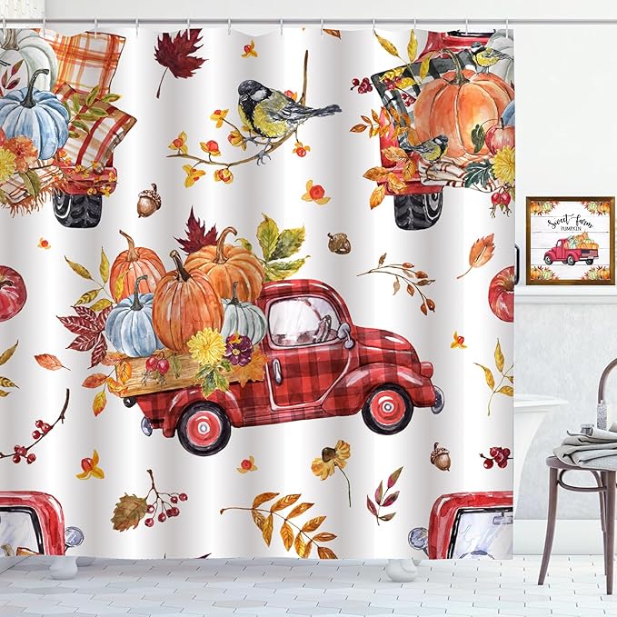 Fall Truck Pumpkin Shower Curtain Autumn Leaves Red Truck Farmhouse Harvest Thanksgiving Bathroom Curtains Waterproof Polyester Fabric Bath Curtain 72 x 72 Inch with 12 Plastic Hooks