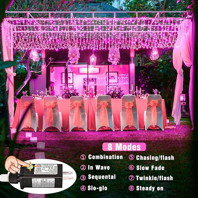 100 LED Pink String Lights, 33ft Pink Christmas Lights Outdoor 8 Modes Clear Wire, Plug in Waterproof Twinkle Fairy Lights for Bedroom Indoor Wedding Christmas Decorations