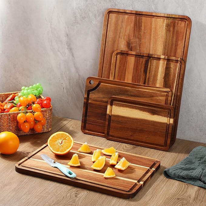 Yungyan Acacia Wood Cutting Boards for Kitchen Set of 5 Large Thick Chopping Board with Juice Groove Cheese Charcuterie Tray Butcher Wooden Block Trays for Meat Fruits Vegetables, 5 Sizes