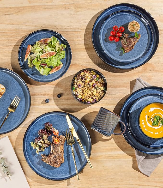 TheTerra Ceramic Dinnerware Sets for 6, 18 Pieces Porcelain Lightweight Speckled Plates and Bowls Sets, Scratch Resistant Dish Set, Oven & Microwave & Dishwasher Safe, Starry Blue