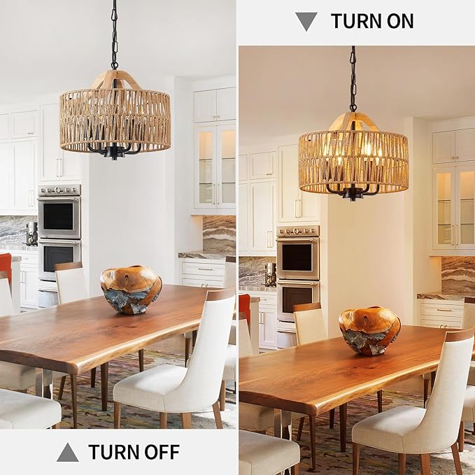 12.5” Rattan Pendant Light Fixtures, 4-Light Boho Chandelier with Woven Drum Shade, Farmhouse Dining Room Ceiling Hanging Lamp, Small Wicker Coastal Pendant Lighting for Kitchen Island Hallway