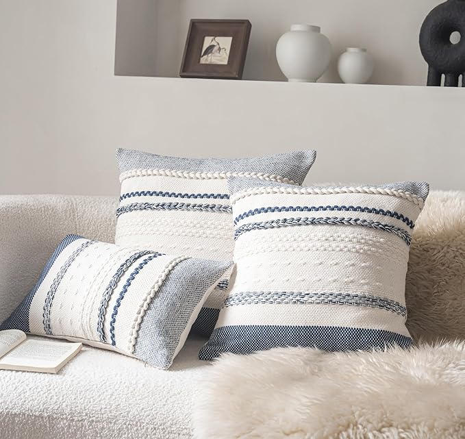 Boho Throw Pillow Covers 12x20 Inch Set of 2, Navy Blue Textured Decorative Couch Pillow Cases for Farmhouse Home Decor, Accent Cushion Cover for Sofa, Bed, Living Room, Bedroom