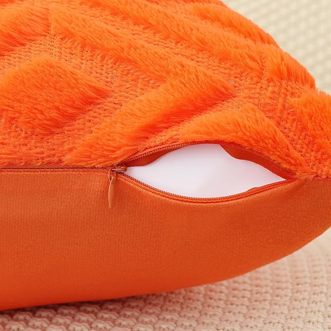 Pallene Orange Throw Pillow Covers 16x16 Set of 2, Soft Plush Faux Fur Decorative Couch Pillow Covers for Sofa Bed Living Room Pillow Cases with 3D Diamond Pattern
