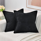 HAUSSY Black Throw Pillow Covers 18x18 Inch Set of 2,Soft Solid Corduroy Striped/Wide Bordered,Square Decorative Cushion Case,Spring Home Decorations for Couch,Bed