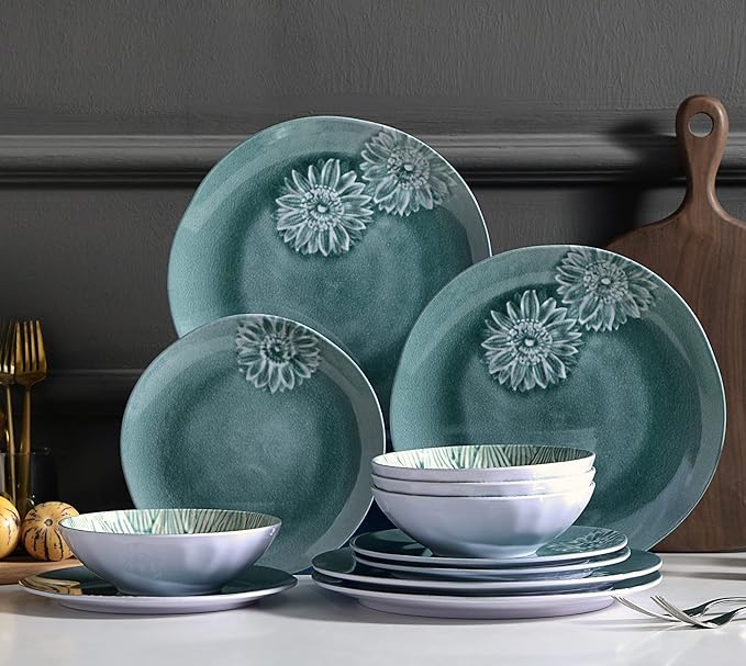 Melamine Dinnerware Sets of 12Pcs,Dishes Set for 4, Blue Dinnerware Sets, Suitable for Indoor and Outdoor Use,Unbreakable,Dishwasher Safe,BPA free