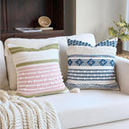 18x18 Boho Pink and Green Decorative Pillow Cover with Cording and Tassels Handmade Accent Woven Textured Square Throw Pillow Case for Couch Sofa Farmhouse Living Room Home Decor