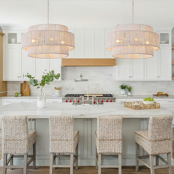 3-Tier Large Rattan Chandelier, 22.8in White Boho Coastal Pendant Lights, Woven Hemp Rope Hanging Ceiling Lights, Wicker Lighting Fixture for Kitchen Island, Dining Room, Living Room