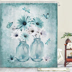 Rustic Farmhouse Teal Floral Shower Curtain, Sage Green Daisy Flowers Butterfly Dragonfly on Abstract Aesthetic Country Wooden Boho Shower Curtain Set, White Bathroom Accessory Sets with Hooks, 60X70