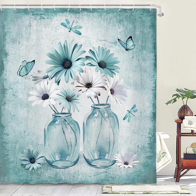 Rustic Farmhouse Teal Floral Shower Curtain, Sage Green Daisy Flowers Butterfly Dragonfly on Abstract Aesthetic Country Wooden Boho Shower Curtain Set, White Bathroom Accessory Sets with Hooks, 70X75