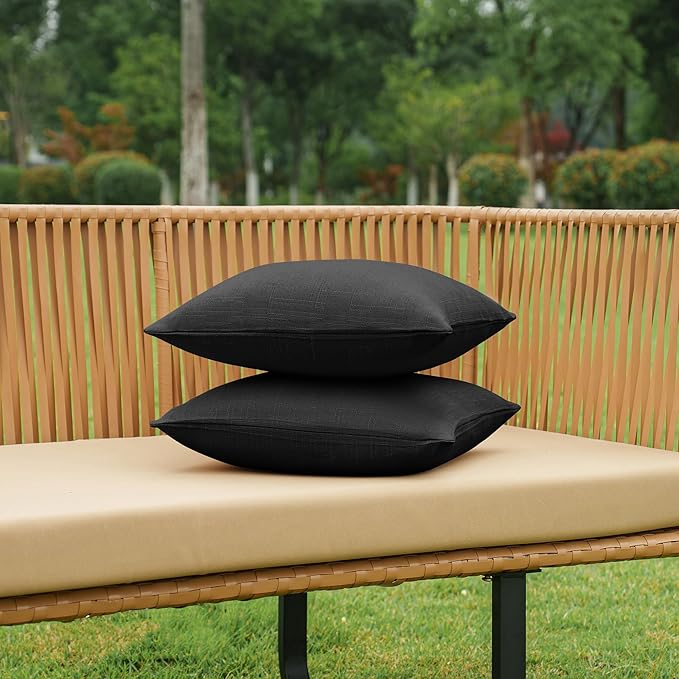 NiNi ALL Pack of 2 Decorative Outdoor Waterproof Pillow Covers Square Garden Linen Textured Cushion Sham Throw Pillowcase Set of 2 for Patio Farmhouse Garden Tent Couch 24x24 Inch Black
