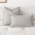 Throw Pillow Covers 16x16 Set of 2 Striped Fringe Pillow Cover Farmhouse Cushion Covers with Tassel Neutral Boho Pillows Decorative Square Pillowcase for Couch Sofa Bed, Grey