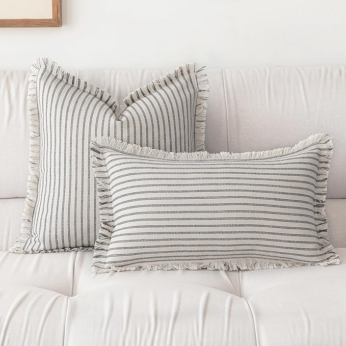 Throw Pillow Covers 24x24 Set of 2 Striped Fringe Pillow Cover Farmhouse Cushion Covers with Tassel Neutral Boho Pillows Decorative Square Pillowcase for Couch Sofa Bed, Grey