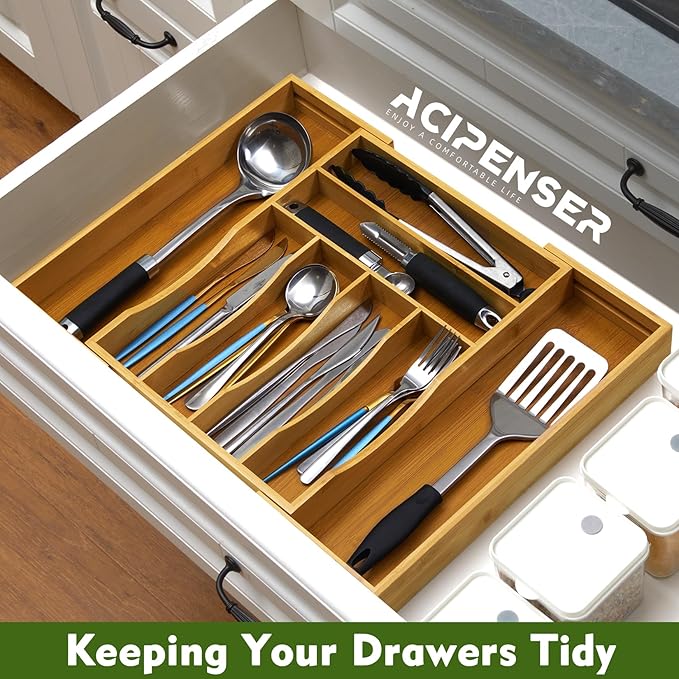 Bamboo Kitchen Drawer Organizer, Expandable Cutlery Tray Utensil Organizer with Grooved Silverware Drawer for Flatware Silverware in Kitchen 8 Slot, Natural, 11.6"-18.9"W, 14.96"H, 1.97"D