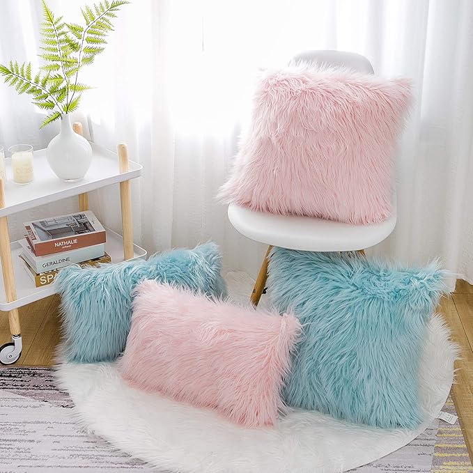 WLNUI Set of 2 Pink Christmas Decorative Lumbar Fluffy Pillow Covers New Luxury Series Merino Style Blush Faux Fur Throw Pillow Covers Fuzzy Cushion Case for Sofa Bedroom Home Decor 12x20 Inch