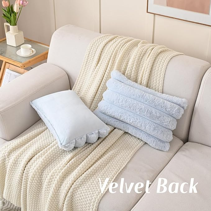 FUTEI Light Blue Decorative Throw Pillow Covers 12x20 Inch Set of 2, Square Soft Faux Rabbit Fur Big Striped Cushion Cover,Home Decor for Couch Sofa Bed Living Room