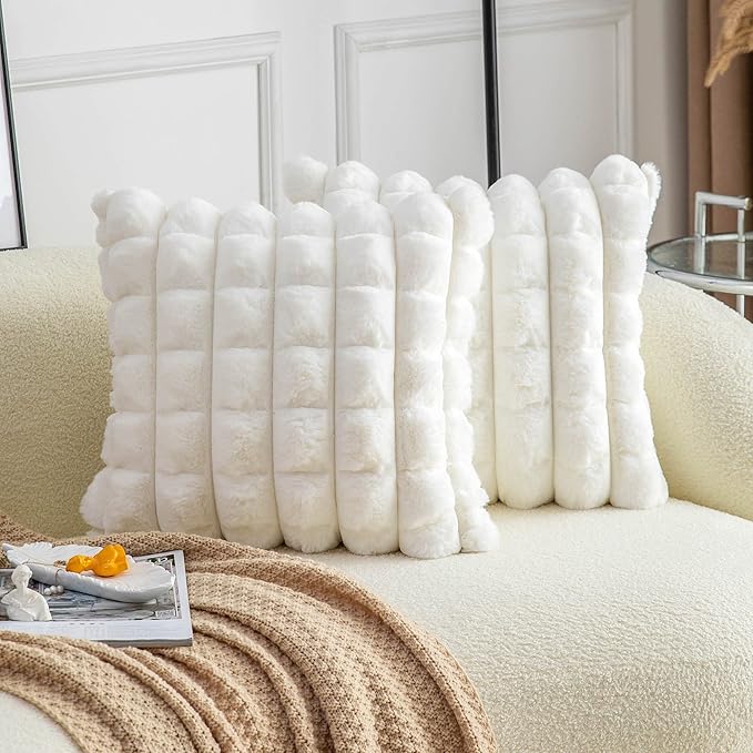 Neelvin Cream White Faux Fur Cozy Soft Plaid Decorative Throw Pillow Covers 20x20 inch Set of 2,Velvet Pillowcase Cushion Case for Sofa Couch