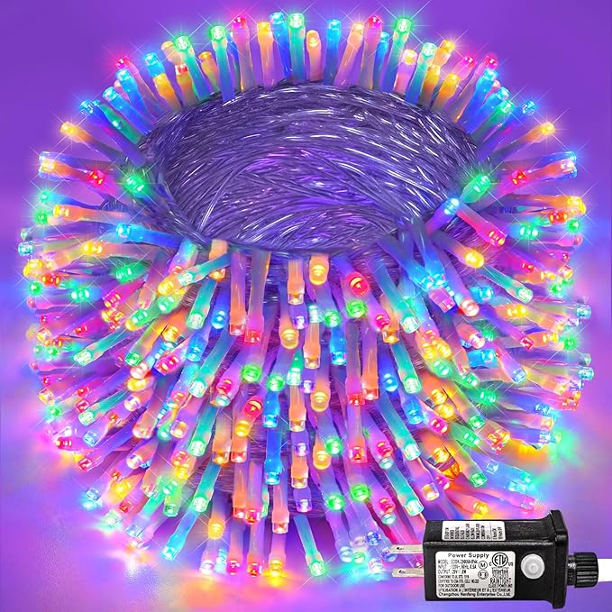 600 LED Christmas Lights Outdoor Indoor 197ft Christmas String Lights 8 Modes Clear Wire Plug in Twinkle Fairy Light for Bedroom House Holiday Party Christmas Tree Decorations, Multicolor