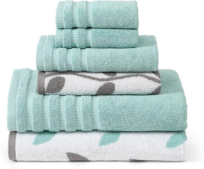 Modern Threads Organic Vines 6-Piece 100% Cotton Towel Set – Yarn Dyed Jacquard & Solid – Includes 2 Bath Towels, 2 Hand Towels, 2 Washcloths – Absorbent, Quick Dry, Soft & Durable – Aqua (Pack of 8)