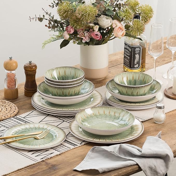 MissYip Melamine Dinnerware Set, 16 Piece for 4, Unbreakable Kitchen Plastic Plates and Bowls set, Indoor and Outdoor Use Tableware, BPA Free, Dishwasher Safe, Not Microwave, Not Oven(Green)