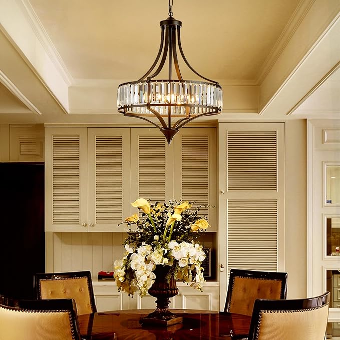 XINGQI Black Crystal Chandeliers for Dining Room, 21.6" Large Rustic Farmhouse Chandelier with Round Metal Shade, 6-Light Dining Room Light Fixture for Kitchen Island Hallway Bedroom