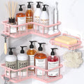 YASONIC Corner Shower Caddy Organizer, 3-Pack Self-Adhesive Rustproof Bath Shelves with Soap Holder & 4 Hooks, Large Capacity Shower Storage Rack for Bathroom Organization, Pink
